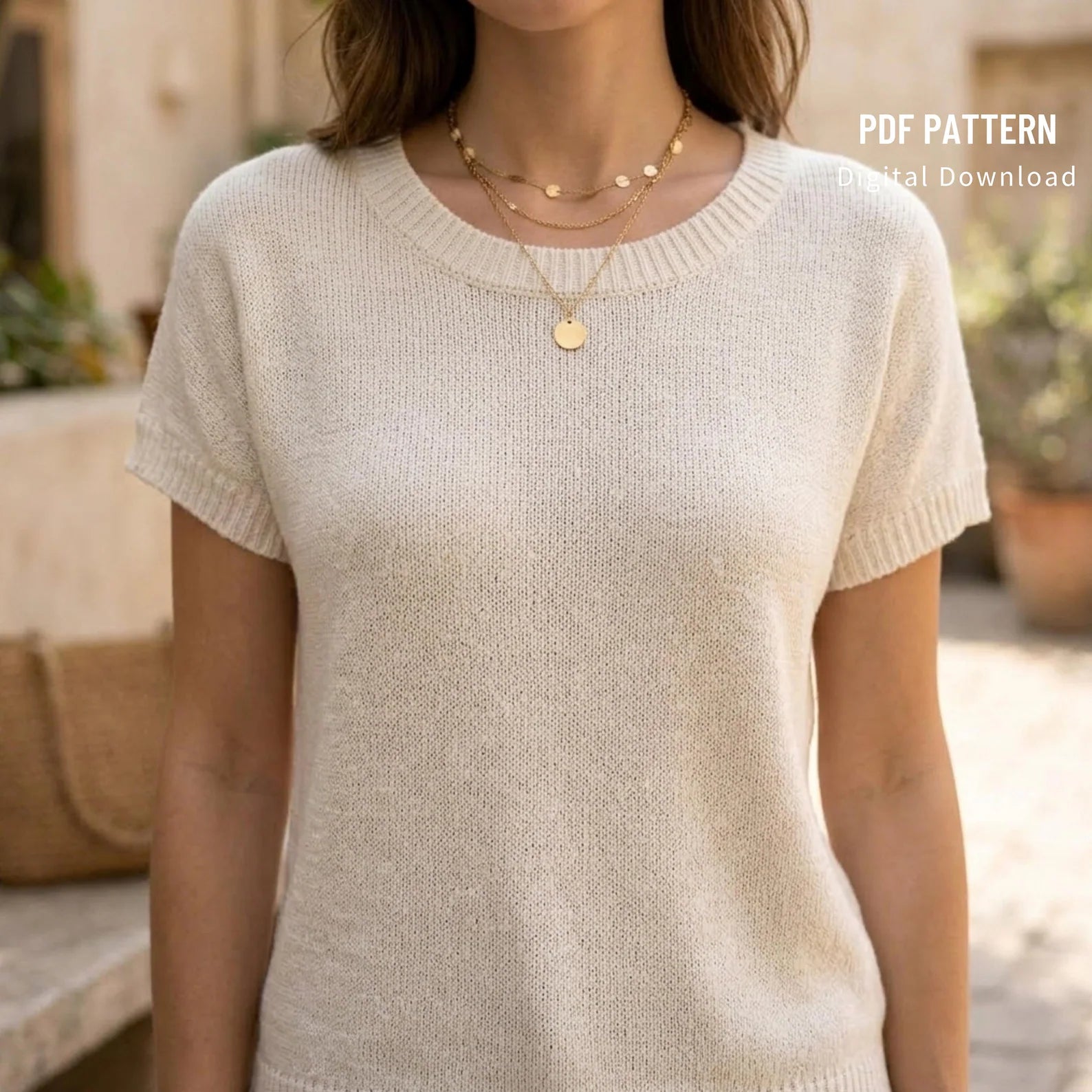 Summer Knit T-Shirt PDF Pattern, Casual Short Sleeve Sweater, Drop Shoulder Knitted Top, Minimalist Style”